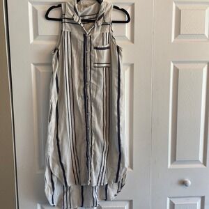 Monsoon Striped Sleeveless Shirt Dress Womens Size M Ivory Navy Cotton Coastal